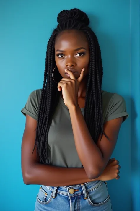  An ultra-realistic image of a young Angolan woman with braided hair,  wearing casual and modern clothes , With an expression of doubt. She appears on a blue background ,  showing her entire body .  Her posture reflects indecision ,  with one hand close to...