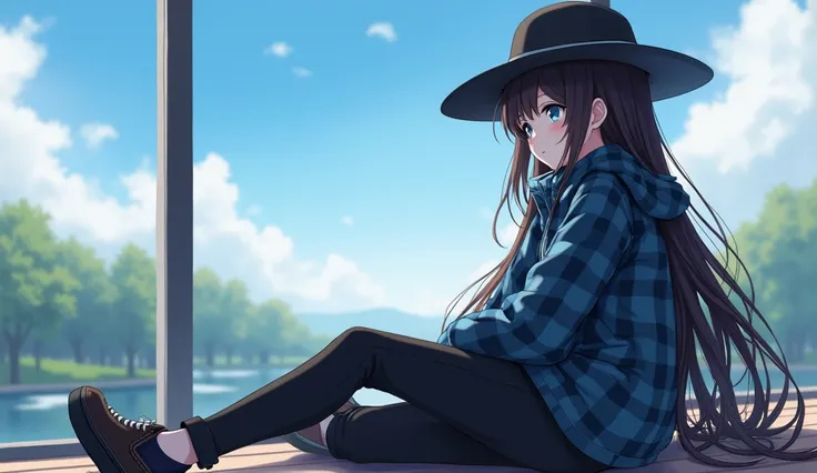 You can make an 18-year-old girl ,  white skin ,  dark brown hair long to her waist ,  sky blue eyes, light blue flannel ,  black jacket ,  black pants ,  black stingy hat,  who is lying on the floor watching the landscape,  anime style 