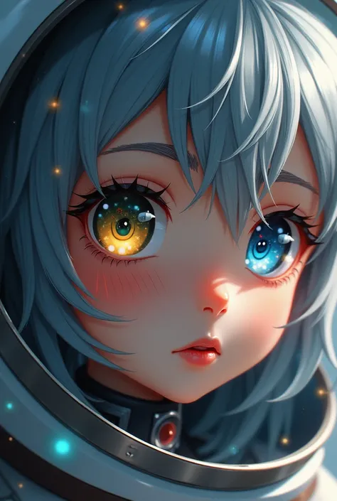 Close up of an enhanced masterpiece:1.5)0.9]، (Space and astronauts:1.2) (messy silver hair:1.1) (Heterochromia: yellow and blue eyes:1.2) (space helmet:1.0) (Colorful stars in the eyes:1.0) (radiant glow:1.1) ( full lips :0.9)