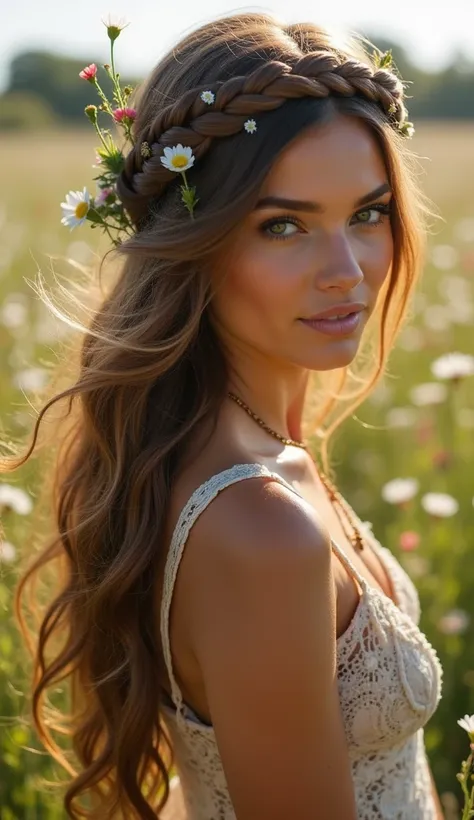 A beautiful woman with chestnut-brown hair styled into an intricate bohemian braid crown. The top of her hair is woven into thick, voluminous braids encircling her head, while the rest flows in relaxed, beachy waves down to her knees. Tiny wildflowers and ...