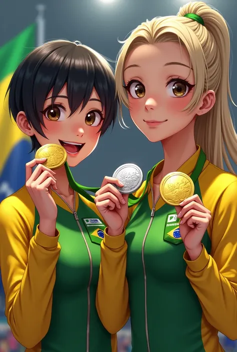 Create two Brazilian gymnasts ,  one of Japanese descent with short black hair , And another German woman with blue eyes and long blond hair in a braid.  The Japanese woman chewing a gold medal and the blonde a silver medal 