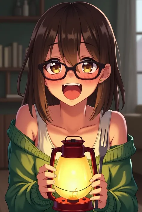  anime-style lantern:A  brunette girl with glasses keeps her mouth open like this 
So you can see all your teeth and tongue, in her hands, she also has brown eyes, she is wearing a green sweater and she also has bare breasts,and she has a knife and fork 