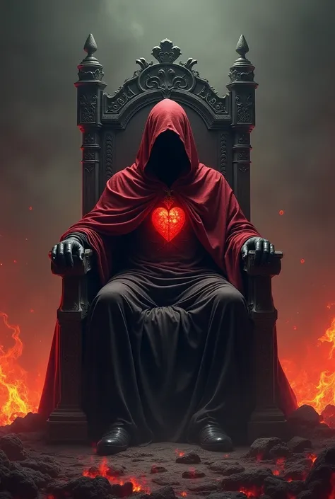 a man with a heart of iron who watches hell on his lonely throne written on his throne CHARON with a red hood