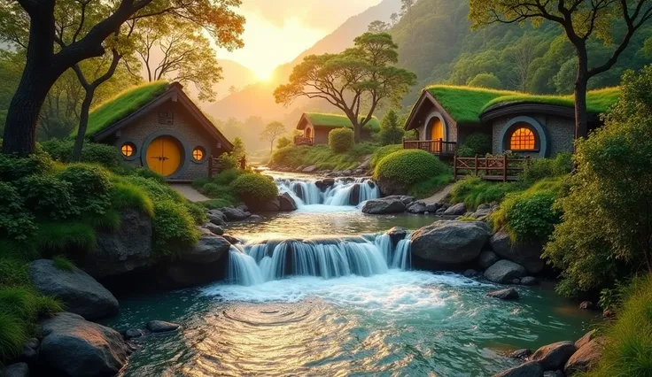 a natural photography of a tropical landscape with a rough splash of waterfall, beautiful serene hobbiton, at sunset and spring atmosphere, amazing photography, wallpaper mobile, very very very beautiful!, sunlight and whimsical houses,atmosphere of nepal,...