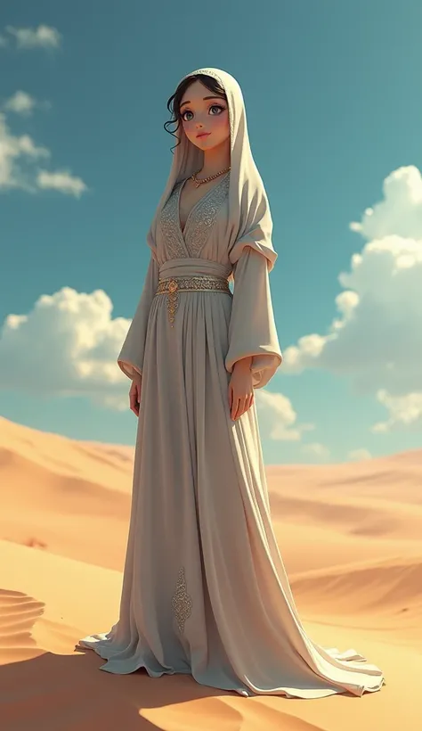 3D anime image of a  wearing gray traditional Arab clothing standing against a desert background