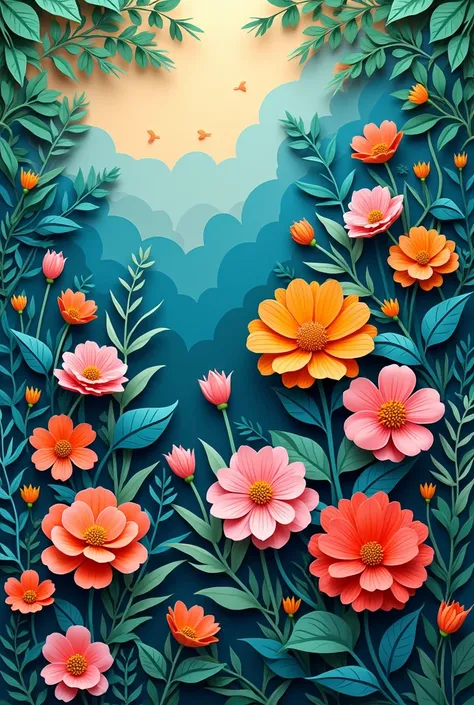 Illustration of flowers and vegetation using the paper cut art technique consisting of layered colored cardboard