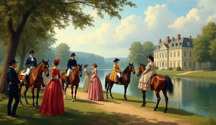 Color photo of a racing stable an aristocratic equestrian estate in Europe,in the 19th century. With horses, jockeys and ladies in colorful dresses Hats in the foreground,A lake in the background