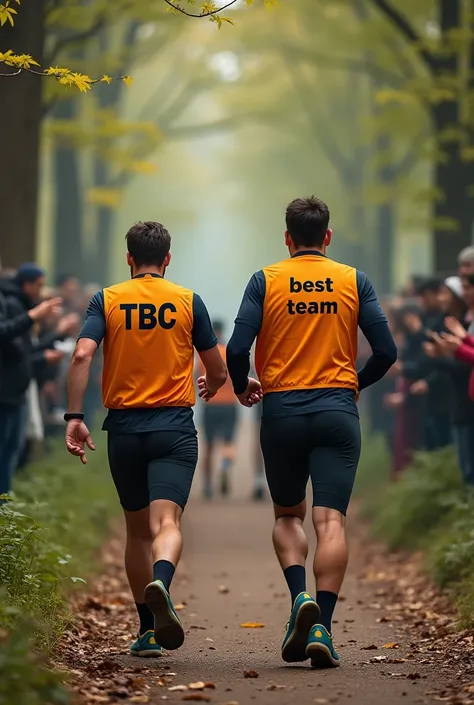 mage de coureurs à pieds de la même équipe qui passent la ligne d’arrivée ensemble dune course en forêt. Sur la banderole il y a marquée "best team". Sur les côtés on voit du public. Les coureurs sur leur dossard il y a écrit "TBC"