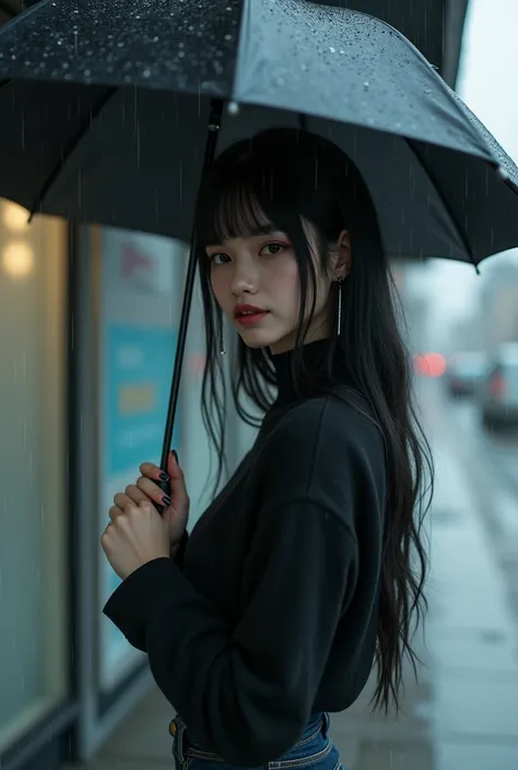  20-year-old woman, some gothic makeup ,  little makeup , pink lips,  at a bus stop holding an umbrella while it rains,  looking in my direction with a small smile . 