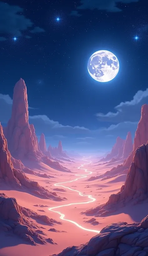 3D anime image of the bright Bani Saad desert with moonlight and sparkling stars