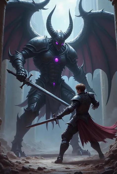 A demonic fallen angel, dark fantasy, HD, realistic (1,25), holding a black long sword with dark purplish macabre aura, iron mask with shining dark purple eyes, demonic armor, huge blade dark wings, ready to stab with his sword, ferocious claw and creepy l...