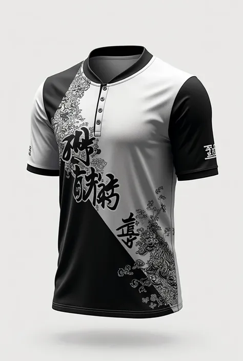 Make me a jersy with Japanese motifs with black and white warns blend