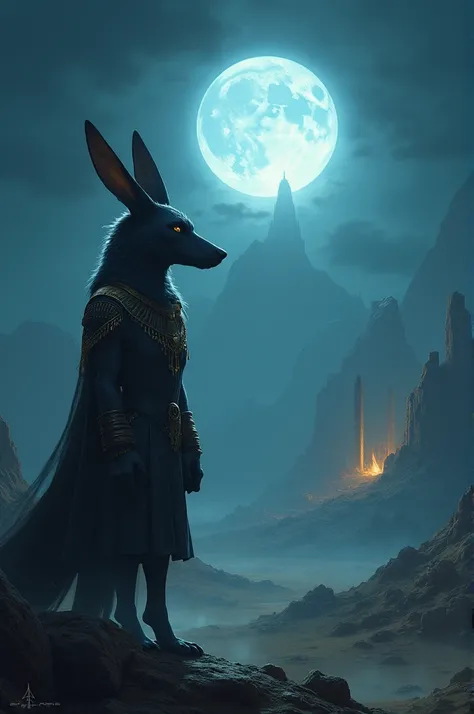  Image of Anubis in the Valley of the Kings , Full Moon Light ,  on the Osiris horizon and the eye of Horus that watches over her.