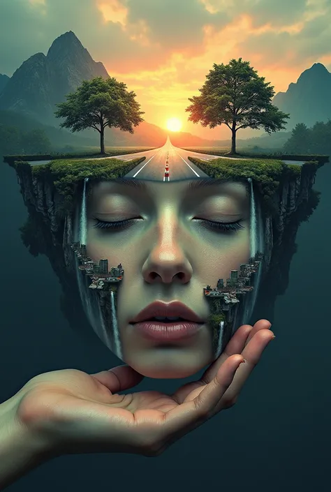 The central focal point is the face with closed eyes, which serves as the canvas for the entire scene. 2. The upper portion of the face transitions into a natural landscape with mountains, waterfalls, and two symmetrical trees framing a dramatic sunset. 3....