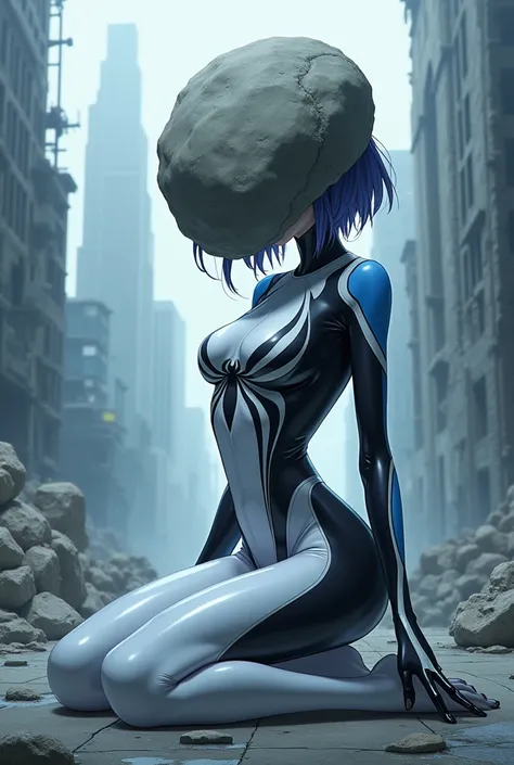 girl, anime, Dressed as a white Spiderwoman, white suit, blue, negro ,  a big rock replaces her head  , kneeling, Arms outstretched,  The big rock completely replaces your head ,  your head is not visible because the graden rock completely replaces it,  an...