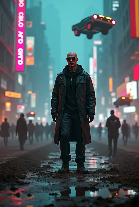 a bald dj,  with sunglasses, in a cyberpunk environment, in a futuristic city, surrounded by people and vehicles floating ,  with mud and a flag of the Valencian community 