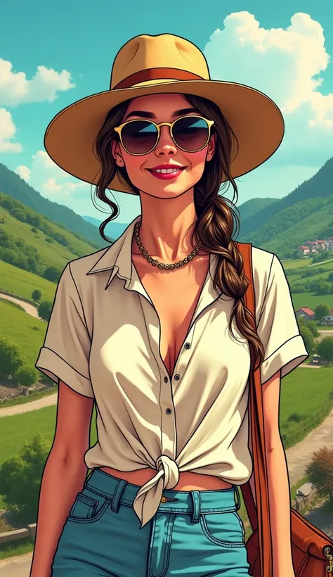 DISCREET and elegant image. with discreet casual clothes. image adult woman, american, comic book style. happy. She is on vacation in the country. IMAGES WITH VIBRANT COLORS.