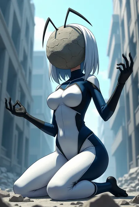 girl, anime, Dressed as a white Spiderwoman, white suit, blue, negro ,  a big rock replaces her head  , kneeling, Arms outstretched,  The big rock completely replaces your head ,  your head is not visible because the graden rock completely replaces it,  an...