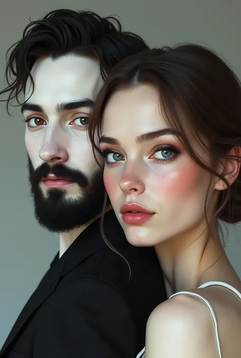 Draw a person with white skin, a black beard, a thin nose, beautiful eyes and beautiful hair for him and his wife