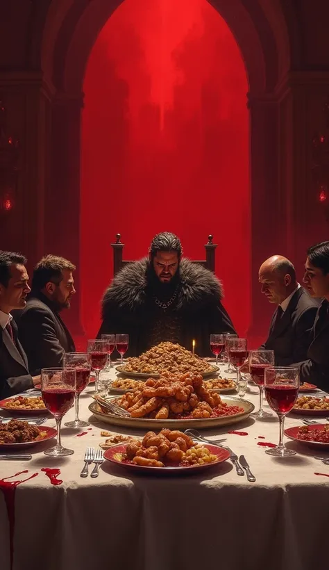  luxurious royal banquet ,  tables filled with food ,  King Joffrey with an expression of agony,  wine spilled on the table, Dramatic red environment .