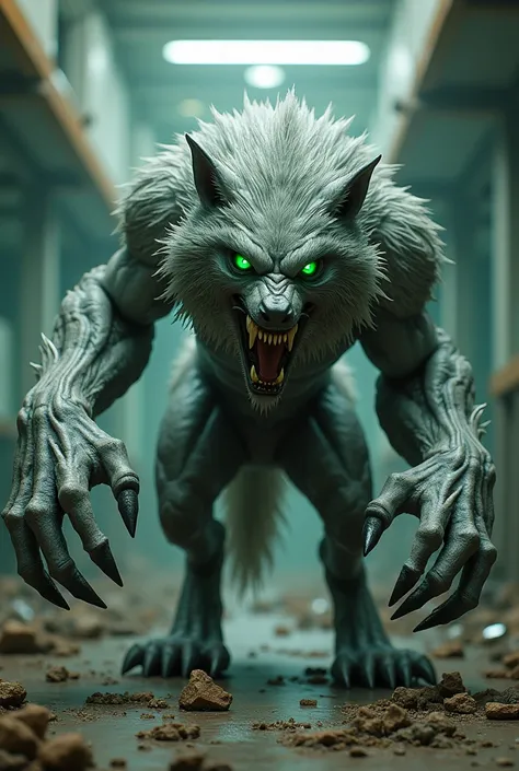 Create a mutated stuffed animal that is a terrifying and powerful two-meter werewolf with silver fur and gray skin and with bright green eyes and green claws and green fangs and where he is is a destroyed laboratory and he is in a fighting position to atta...