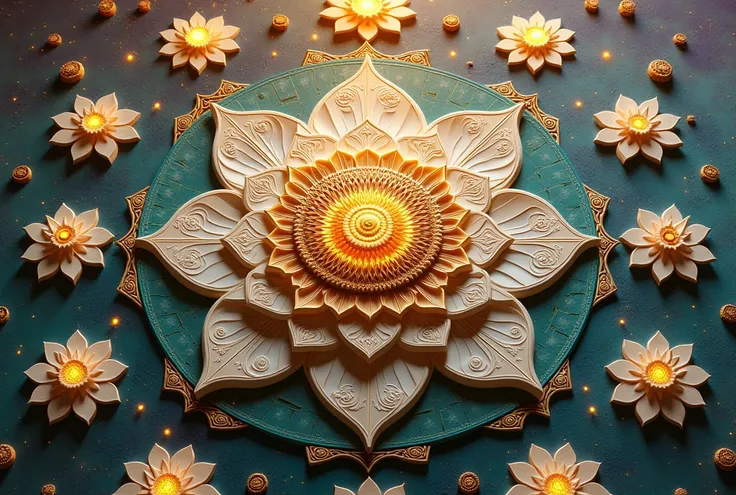 A hyper-realistic embossed-style artwork for ceramic printing, featuring a radiant Tibetan-inspired mandala with deep golden textures and intricate carvings of sacred geometry, resembling hand-etched stone. Surrounding the mandala are 8 lifelike bas-relief...