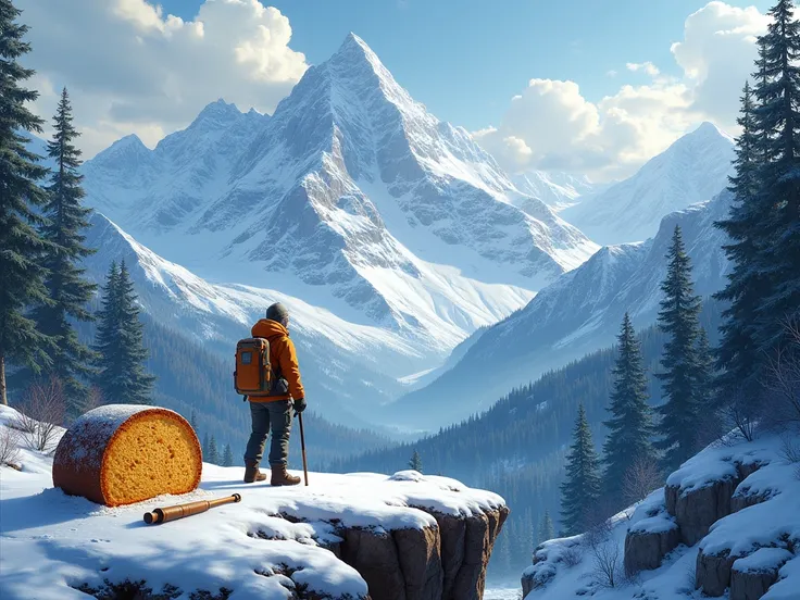 Mountain ,  snowy forest , Panettone,  geologists hammer and compass