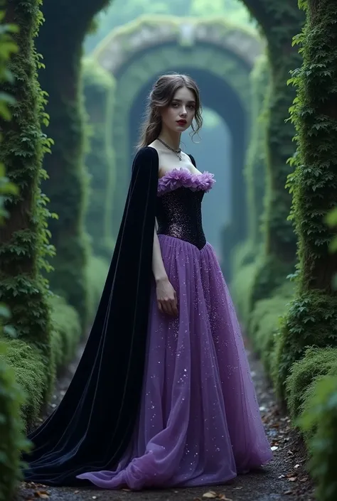 Gothic woman Young 18 years very beautiful White transparent with purple glitter dress Velvet velvet cape corset of the 18th century in garden red lips in laberint in a moss labyrinth of a garden