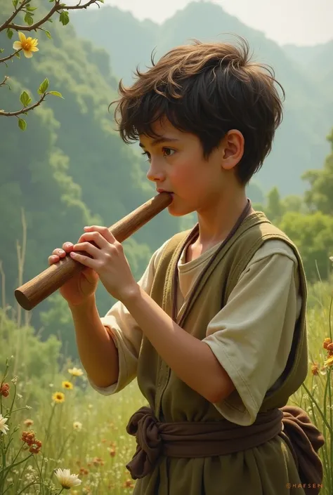 a boy in position to play the flute