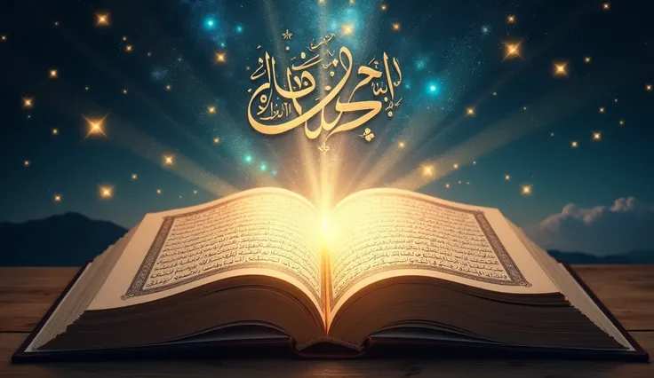 "An Islamic-themed image illustrating the profound truth that Every verse of the Quran holds countless miracles waiting to be discovered. The scene features an open Quran, its pages glowing with divine light, radiating beams of wisdom and knowledge into th...