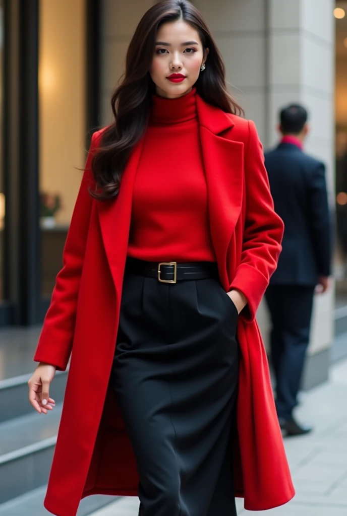 Girl dressed in a red sweater with tight maxi black knitted skirt wearing a red coat and red lipstick with straight hair