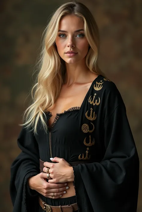 A very beautiful norwagian Woman warriror, blonde, 22 years old, she is ottoman soldier in 1470. She is sexy and strong. She is happy. Her slim black ottoman dress is revealing.
70% of her skin is exposed and she has the Allah emblem on her left shoulder i...