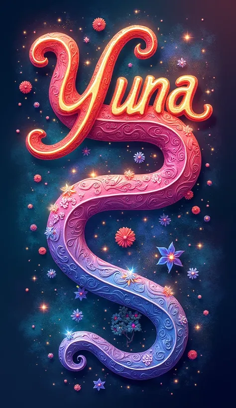 Write the name Yuna three-dimensionally colorful and mystical in cursive。