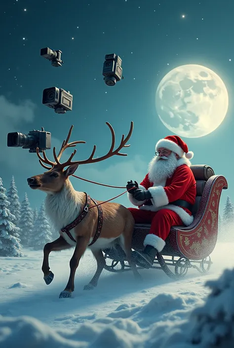 Create an image about santa claus towed by video cameras and non by teers