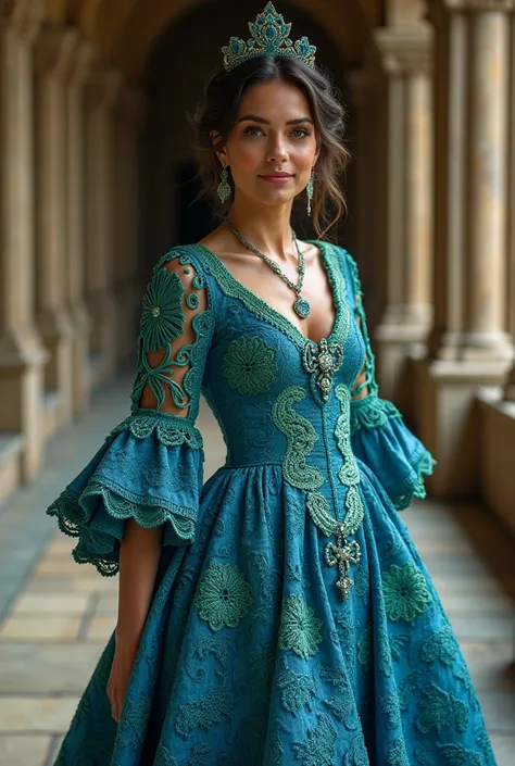 une belle femme dans une robe bleue et verte crocheté en point double, avec une fente haute, une pochette dalbum par Elena Guro, tendance dans la société cg, renaissance, robe complexe,  ouverte, robe fantasy complexe, robe de vigne, an robe complexe, robe...