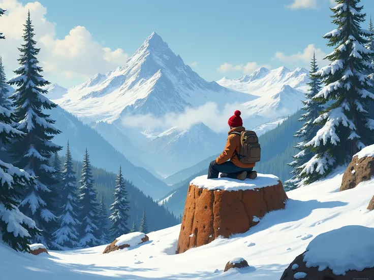 Geologist sitting on a rock in the shape of a panettone, montagna bosco innevato