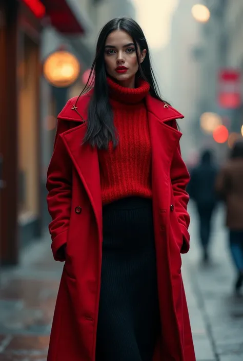 Girl dressed in a red sweater with tight maxi black knitted skirt wearing a red coat and red lipstick with straight hair, zoom out