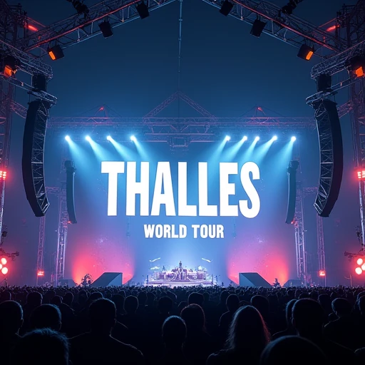 Create an image of a show with a large stage written “THALLES WORLD TOUR” in white LED letters,um show de uma grande turne 