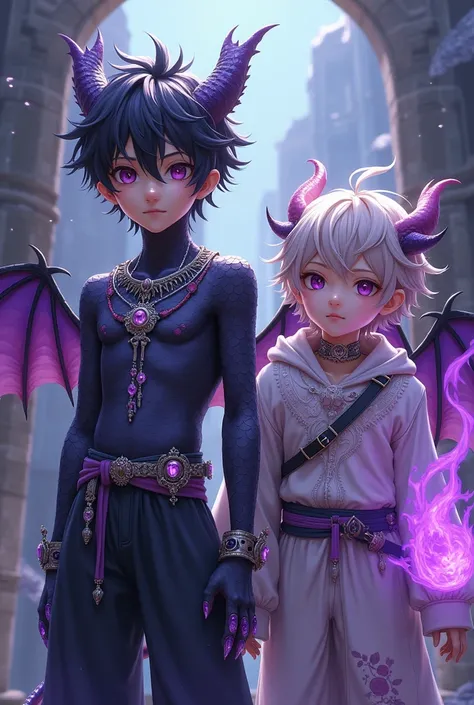 A young boy painted in an anime style ，Full body skin full of black dragon scales ，Also growing paws ， wearing a necklace with purple gems and a silver crown with purple gems， and dragon wings and tail ，A pair of young twin boys painted in anime style with...