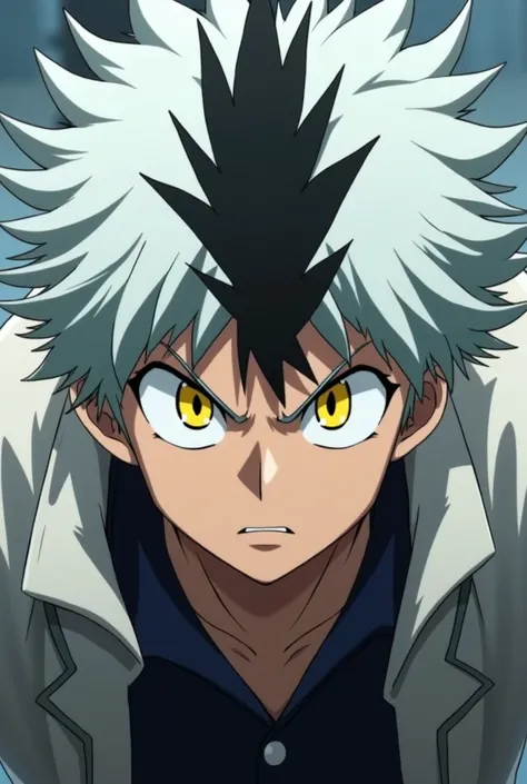  screenshot of Boku no Hero Academia.  Man with disheveled hair and rough white texture with a black tuft in the center. Sharp yellow eyes  