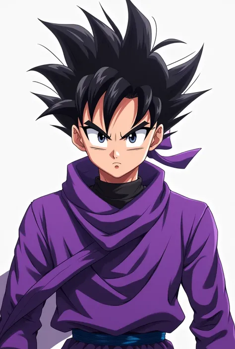 Make n anime young character like Goku dressed in purple sharp eyes jawline fearless aura authority no bacground  