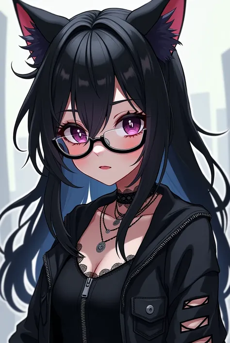 Create a brunette pngtuber with black hair and cat ears with some emo glasses and clothing