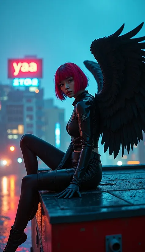 
 Frog eye lens potoshoot  (1.12)full leght photo of a  [ beautiful cyberpunk angel ]::2, blue layer red bob hair ,  japanese tactical armor cyberpunk chlotes , big black angel wings , sitting with both hands touching the roof edge  , body slightly bent wi...