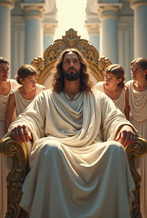 A realistic image of Jesus, sitting on a throne, with some angels around him, jesus looking at the camera,  powerfully drawing attention ,  a white marble palace in the background, Camera a little close to the face of Jesus, 