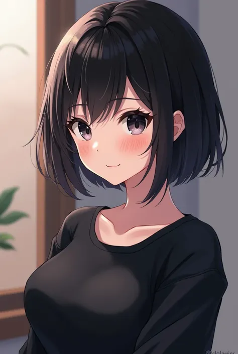  beautiful anime girl with dark and short hair, dark-eyed,  black eyeliner and long eyelashes . Little makeup and very pretty .  medium breasts and medium butt . dark clothes. black nails.  shy smile  