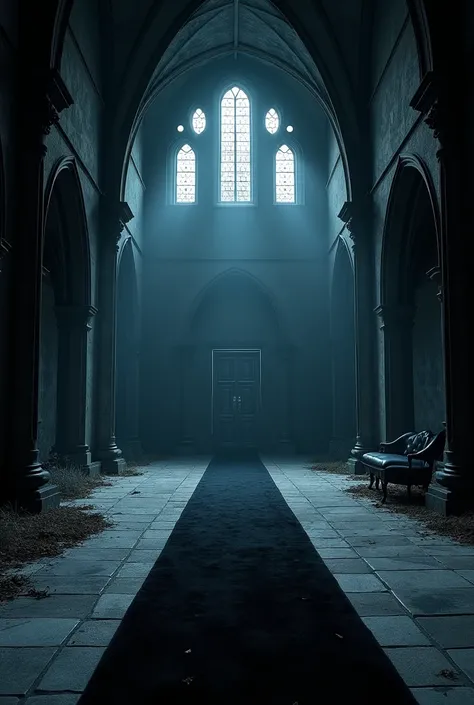 I want a huge hall in a black, not abandoned, cozy vampire castle, where there is very little light, not many windows, and apart from the black color, only the color sea blue can be seen in it, with a long black velvet carpet and black furniture. 