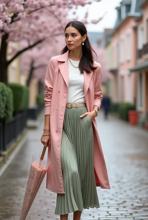 For April’s high-end elegant street fashion, the model wears a lightweight, water-resistant duster coat in soft petal pink, perfectly suited for the mild warmth and occasional spring showers of the month. The coat features a relaxed, flowy silhouette with ...