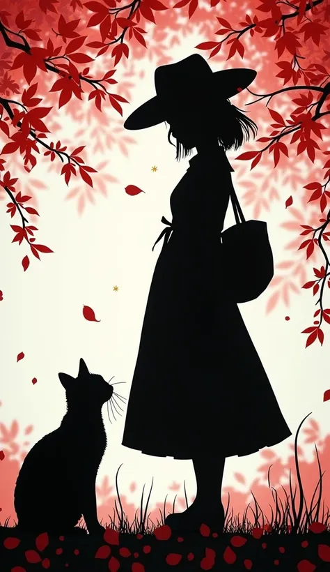 (Silhouette Art,cutouts:1.6)
(((Paper cutting art,A world where only black exists:1.3)

(Cowboy Shot),1 girl,Solo,
(Kimono Girl,profile:1.2),white, Clear and beautiful face,Black cat at feet

break
(Colored leaves、amarelo　Red:1.1)
Textured glass background...