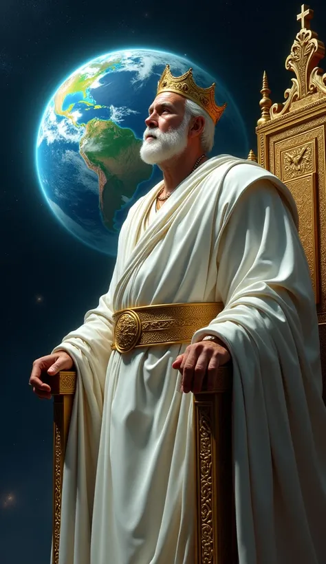  Create a Luís 15 de REI . background with planet Earth .  REI chair standing looking at the Earth with a white tunic,  golden belt and golden crown .  Short hair and white beard . No wrinkles and threads around the neck.