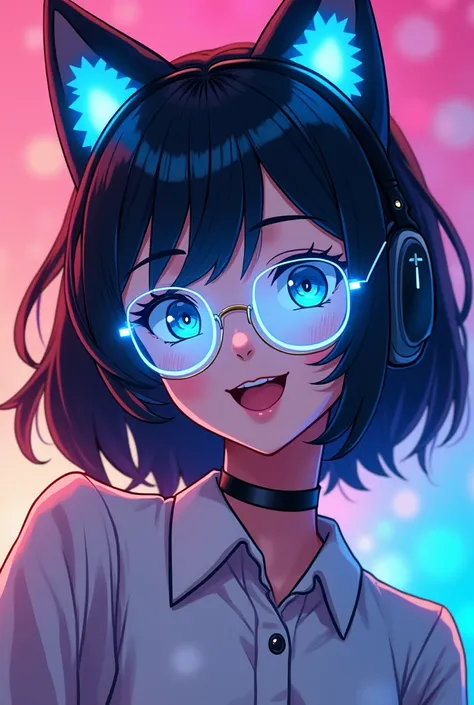   gamer with black cat earpiece and blue flashing flash,  black hair, White wool blouse ,  anime style cartoon glasses 